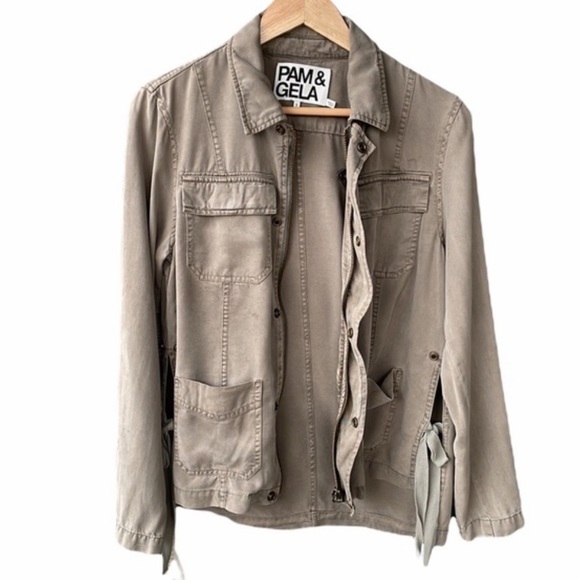 Pam & Gela Jacket Coat Utility Cargo Green Tie Detail Zip Preppy Casual Sz Small - Picture 3 of 10